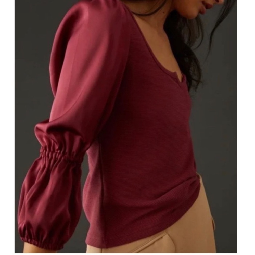 Maeve by Anthropologie Ribbed Tiered Long Sleeve Top in Burgundy Size Medium NEW - Picture 8 of 16
